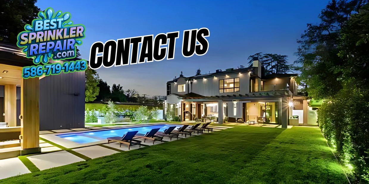 Luxury home with illuminated pool and lawn at dusk, advertising sprinkler repair services.