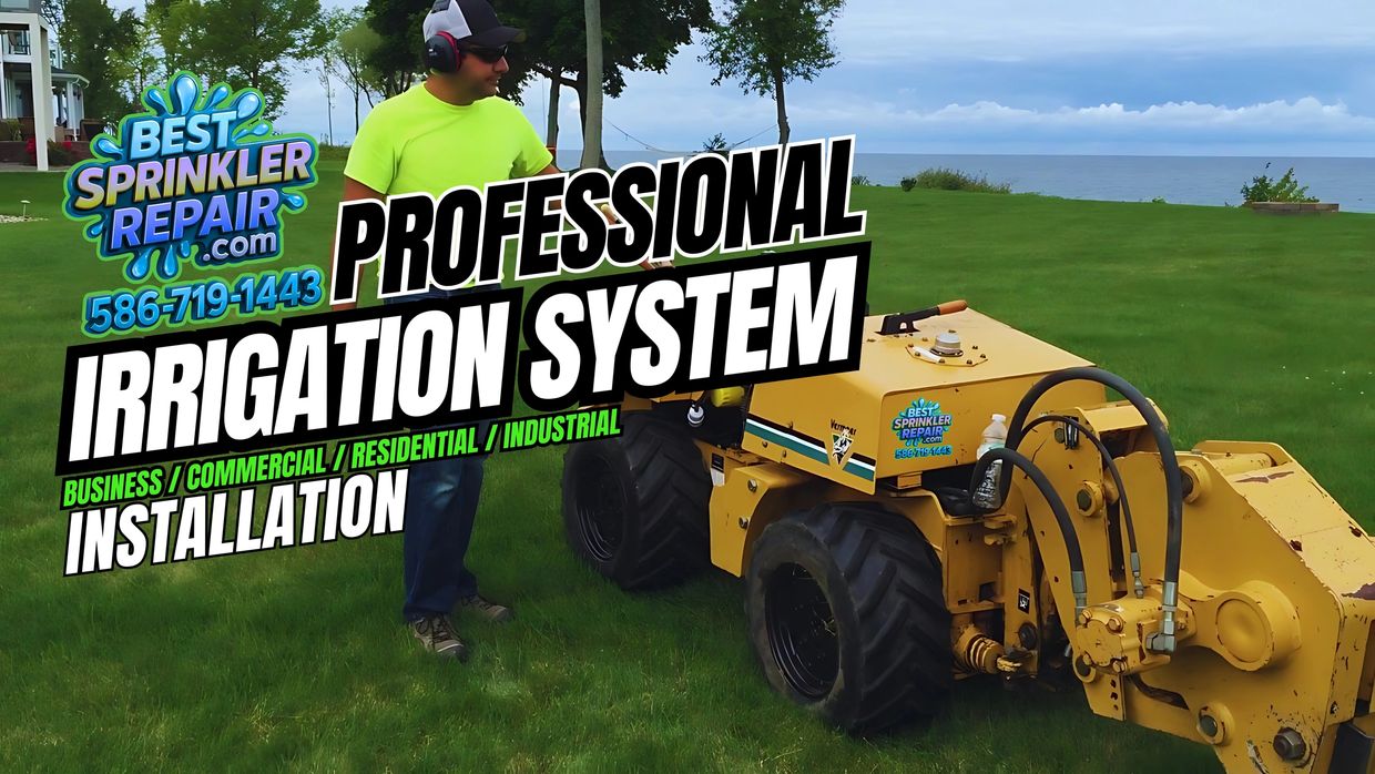 Professional sprinkler repair and irrigation system installation on a lush green lawn.