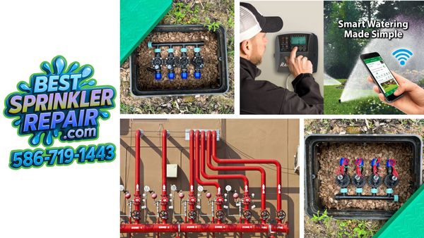 Collage showing sprinkler repair services, irrigation system parts, and smart watering control.