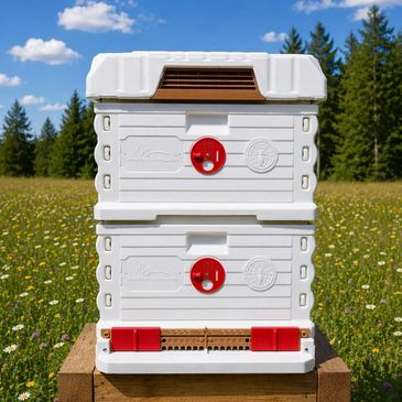 Stacked white and red Apimaye beehives on a wooden stand in a flower field.
