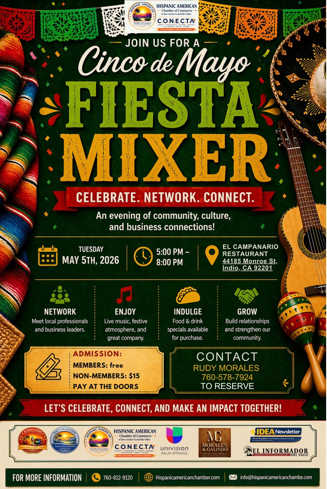 Cinco de Mayo Fiesta Mixer event flyer with details and festive decorations.