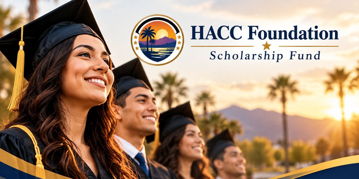 Happy graduates celebrating with HACC Foundation Scholarship Fund logo.