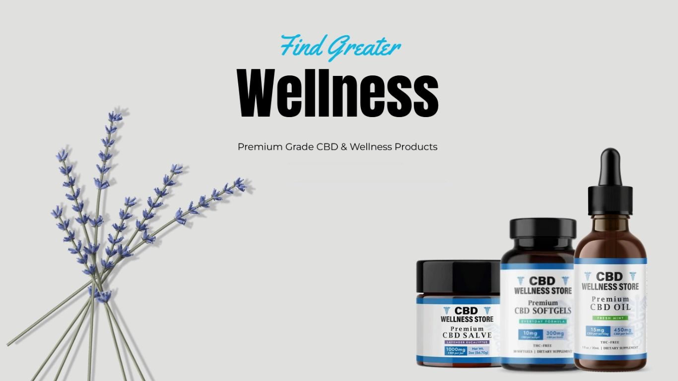 Three bottles of CBD Wellness Store products, lavender branches and saying Find Greater Wellness