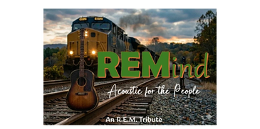 Acoustic guitar on train tracks with R.E.M. tribute text at sunset.