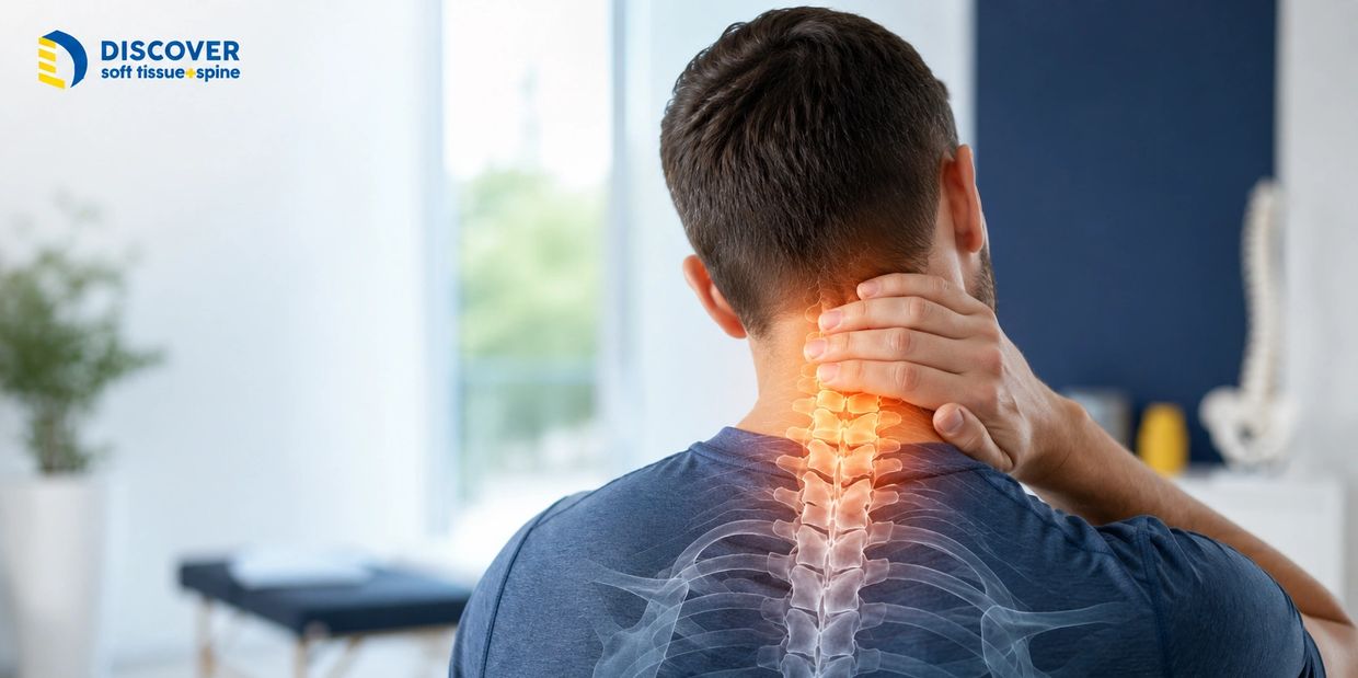 Person with neck pain showing cervical spine overlay for neck pain evaluation and soft tissue treatm