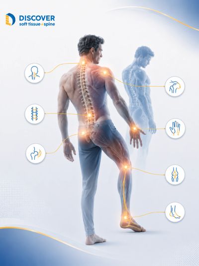 A medical illustration showing common symptom areas including neck, shoulder, back, hip, knee, radia