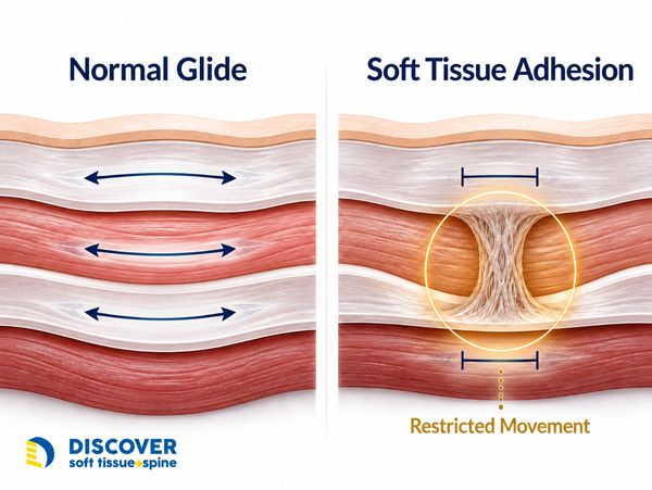 Normal tissue glide compared with soft tissue adhesion restricting muscle and fascia movement.