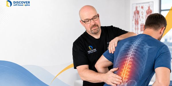 Dr. Lambert evaluating lower back motion for a patient with recurring back pain in Grand Rapids.
