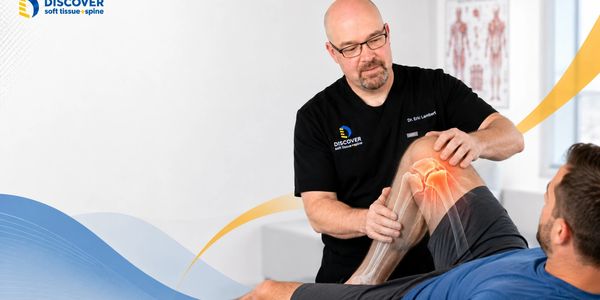Dr. Lambert assessing a patient’s knee motion with an anatomical knee overlay highlighting the joint