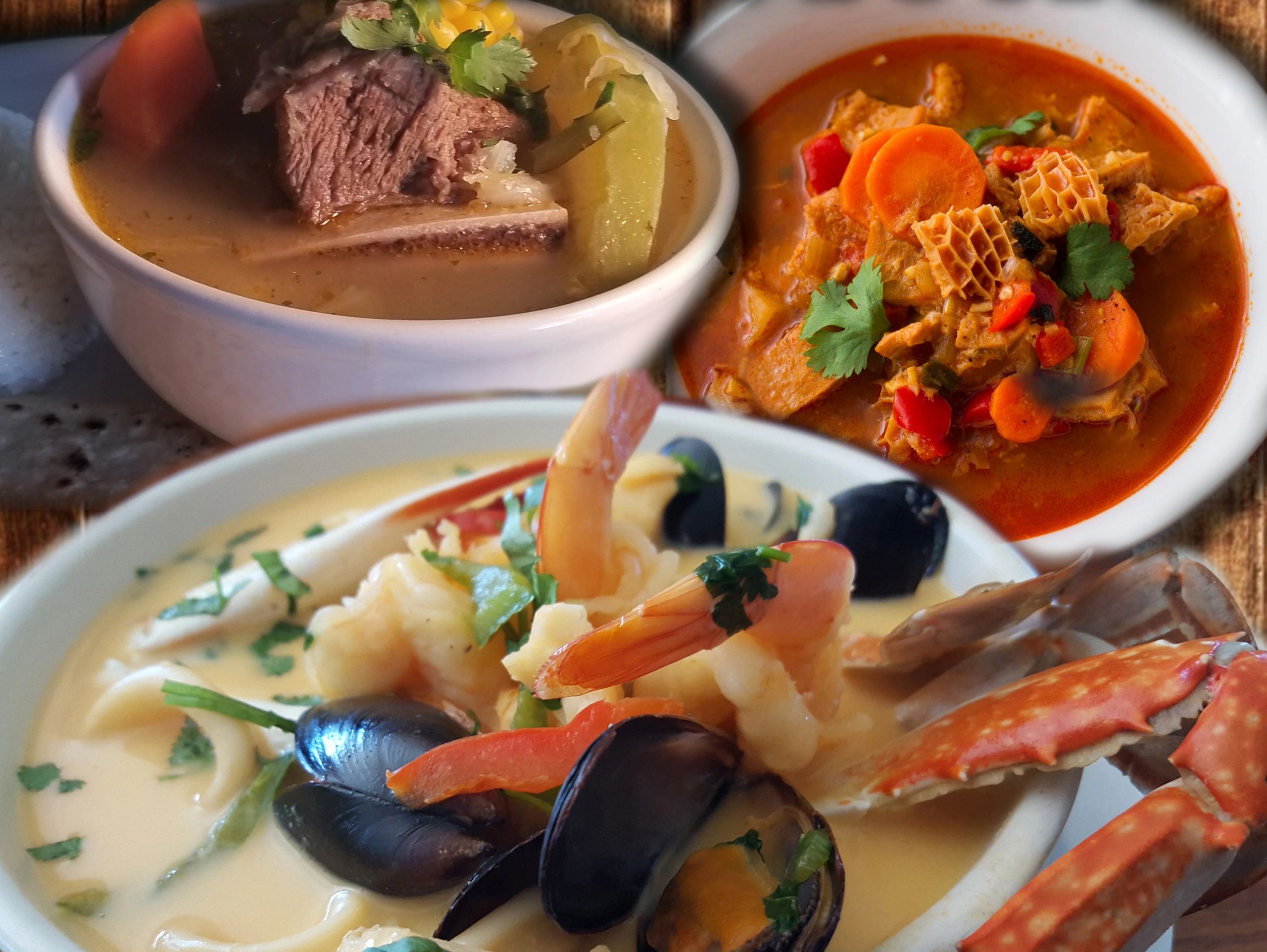 Imagen de tres sopas, sopa de res, sopa de menudo y sopa mariscos