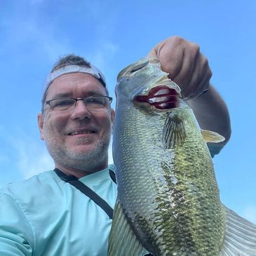 Man holding a large fish with a clear blue sky background.