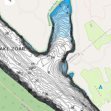 Depth contour map of Lake Zoar showing Kettletown State Park area.