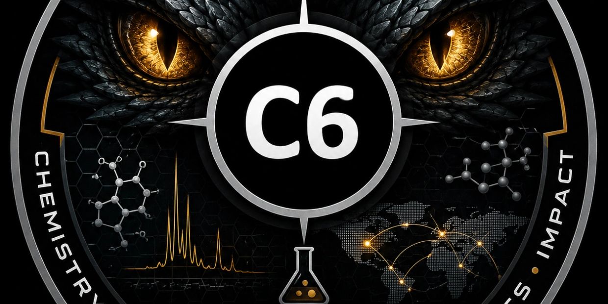 C6 chemistry logo with dragon eyes and molecular structures.