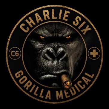 Logo featuring a gorilla smoking a cigar with text 'Charlie Six Gorilla Medical'.