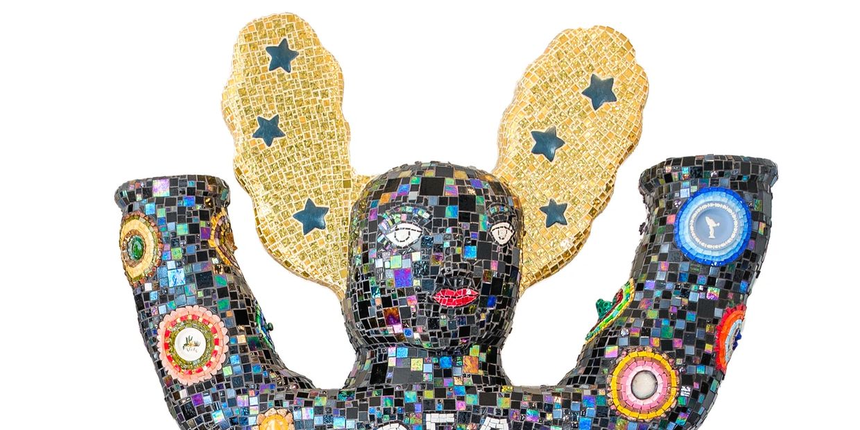 Large nearly nine foot tall contemporary sculpture made of mosaics, glass, crystals & found objects 