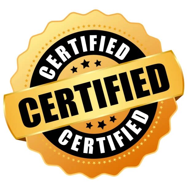 A gold certified badge with bold text.