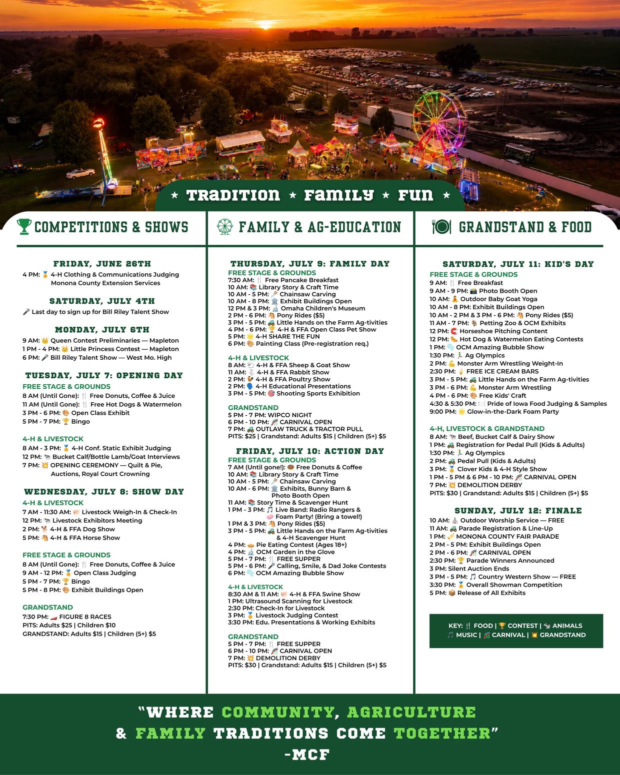 Monona County Fair schedule with events from June 26 to July 12 featuring competitions, family activities, and grandstand shows.