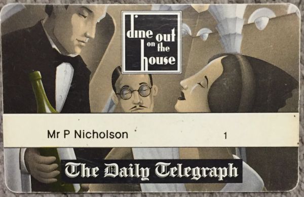 Vintage dining card for Mr. P Nicholson from The Daily Telegraph's 'Dine Out on the House' program.