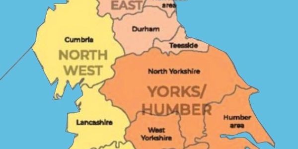 Map highlighting regions in Northern England including North West and Yorks/Humber.