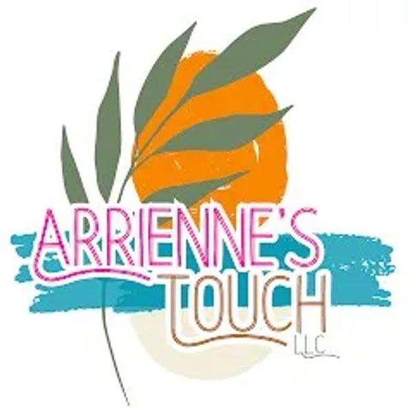 Logo with leaves, colorful strokes, and text 'Arrienne's Touch LLC'.
