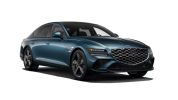 A sleek dark blue luxury sedan with sporty design accents.