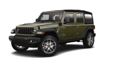 Dark green Jeep Wrangler with rugged off-road design.