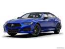 Sleek blue sports car with aerodynamic design and black wheels.