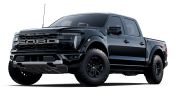 Black Ford pickup truck with aggressive styling and off-road tires.