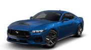 Sleek blue sports car with black rims and aggressive styling.