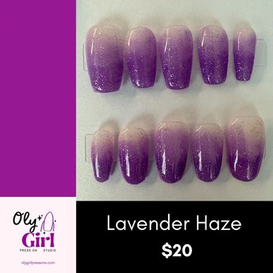 Set of lavender ombre press-on nails with glitter, called Lavender Haze.