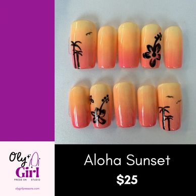 Aloha Sunset nail set with palm trees and hibiscus designs on gradient sunset nails.