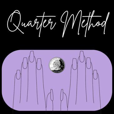 Illustration demonstrating the Quarter Method for nail length using a quarter coin.