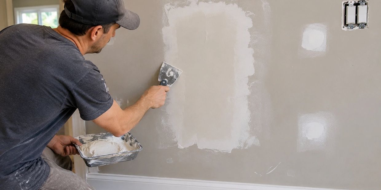 Man patching drywall with putty and a spatula.