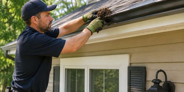 Man cleaning debris from house gutters wearing gloves and a cap.
