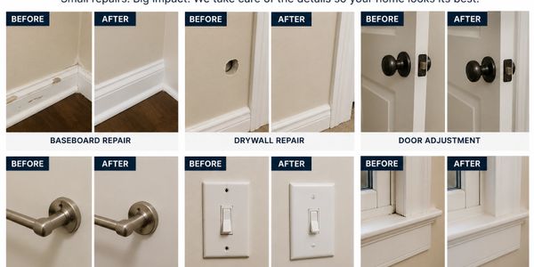 Before and after images of home repairs including baseboard, drywall, door, handle, switch, and trim adjustments.