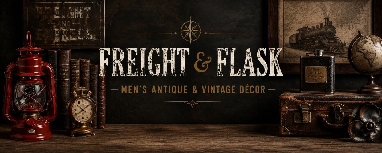 Vintage men's décor with antique clock, lantern, globe, and suitcase.