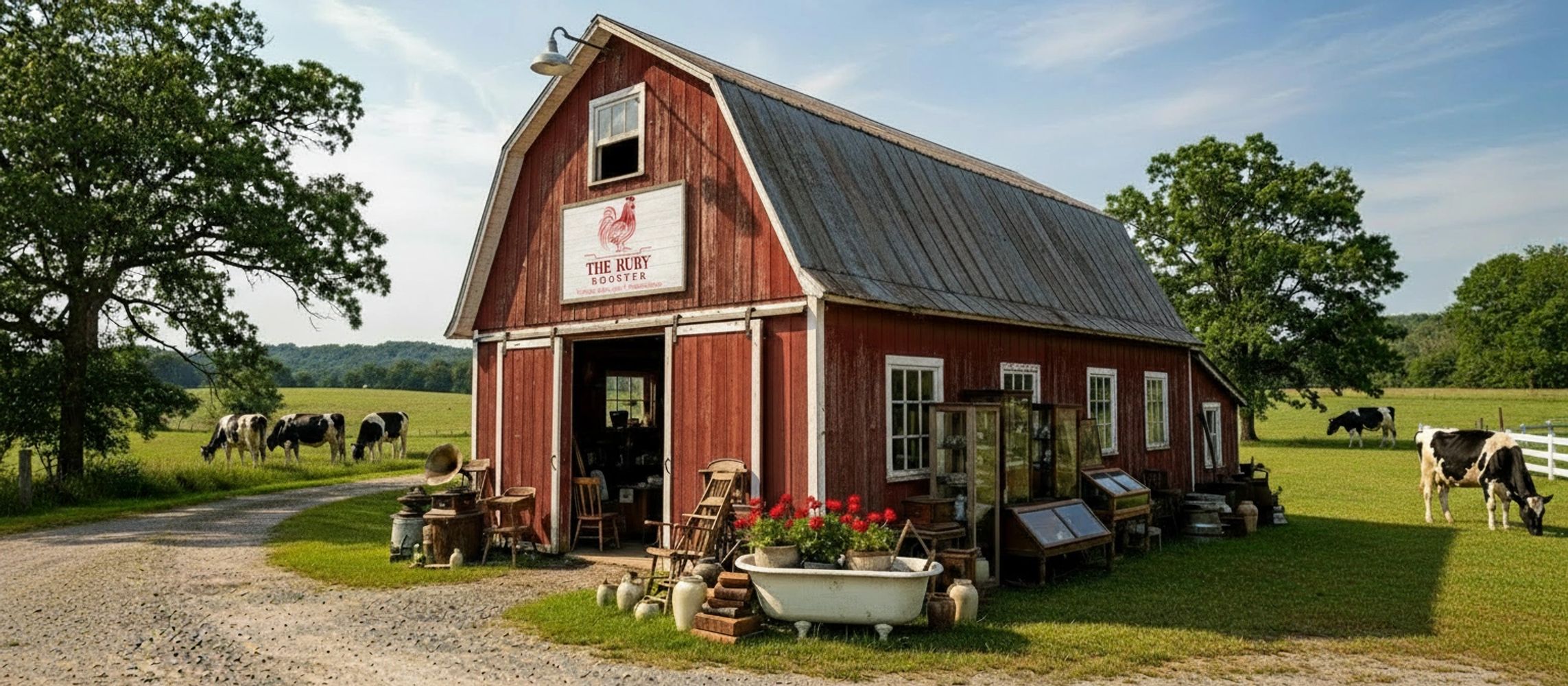 Rustic red barn with cows grazing nearby in a peaceful countryside setting.