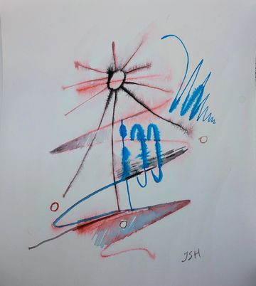Abstract drawing with lines and shapes in red, blue, and black.
