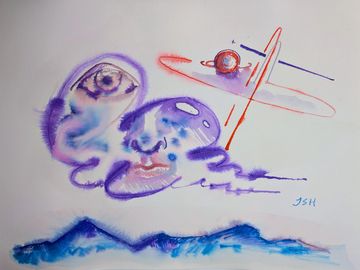 Abstract watercolor painting with eyes, face, airplane, and mountains.