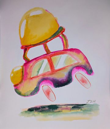 Colorful abstract painting of a car under a yellow helmet.