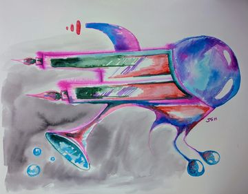 Abstract watercolor painting of a trumpet with vibrant colors.