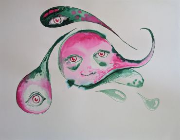 Abstract watercolor with faces and eyes in pink and green.