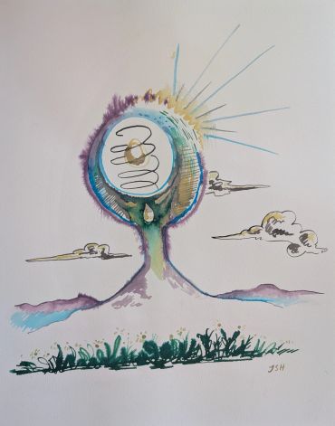 Abstract watercolor painting of a glowing orb with a spiral inside.