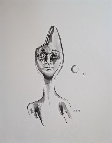 Surreal monochrome drawing of a distorted human figure with an elongated head.