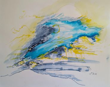Abstract watercolor painting with blue, yellow, and gray hues.