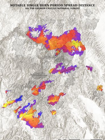 Map showing notable single burn period spread distances in the Salmon-Challis National Forest.