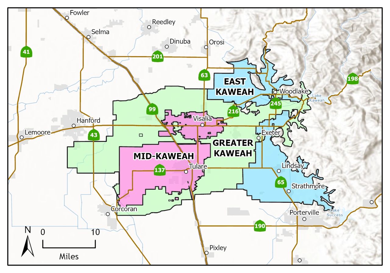 Kaweah Subbasin GSA map, including the Greater Kaweah, Mid-Kaweah, and East Kaweah GSAs – Coverage area for the new Mitigation Program