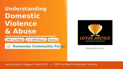 Informative slide on domestic violence and abuse training for Romanian community.