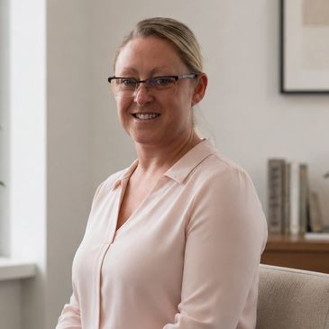 Woman in glasses smiling indoors.