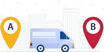 Van traveling from point A to point B in a cityscape.